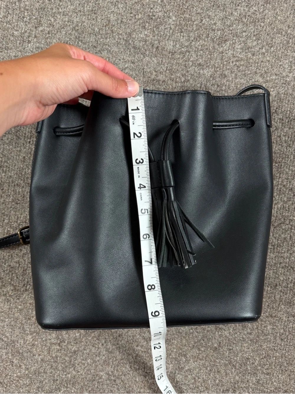 J Crew Black Faux Leather Bucket Bag Shoulder Crossbody Fringe Drawstring